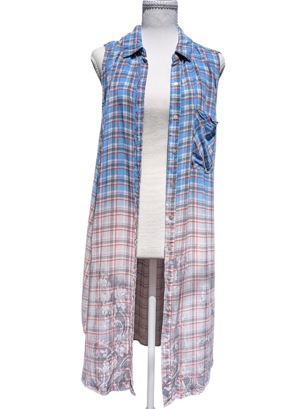ODDY Blue and White Plaid Sleeveless Longline Shirt Jacket Dress